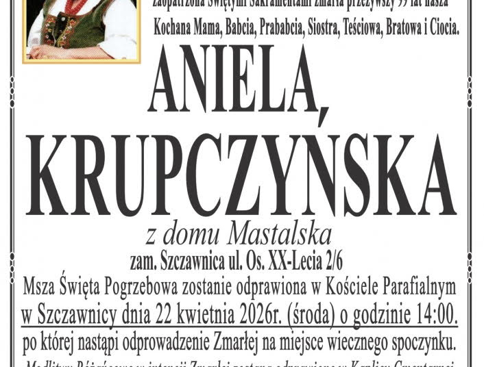 Z głębokim żalem zawiadamiamy o śmierci Honorowego Członka Związku Podhalan Ś.P Anieli Krupczyńskiej