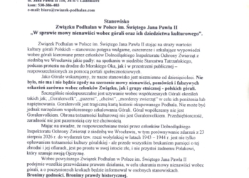 Stanowisko Związku Podhalan w Polsce im. Świętego Jana Pawła II „W sprawie mowy nienawiści wobec górali oraz ich dziedzictwa kulturowego”