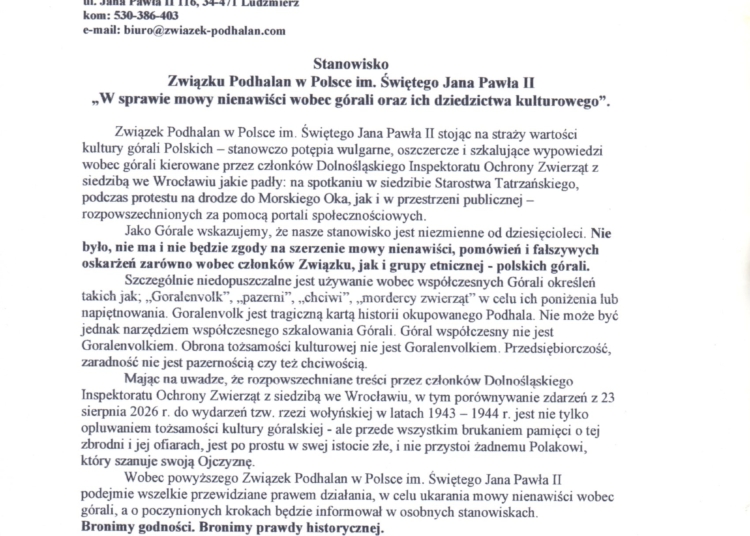 Stanowisko Związku Podhalan w Polsce im. Świętego Jana Pawła II „W sprawie mowy nienawiści wobec górali oraz ich dziedzictwa kulturowego”